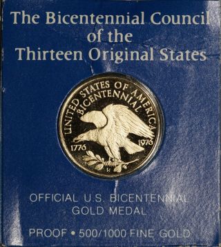Bicentennial Council Of The 13 States Gold Medal W/ Box &,  0.  048 Oz photo