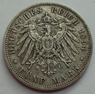 1894 Germany 5 Mark Silver Rare Year Wilhelm Ii Coin No Cleaning photo