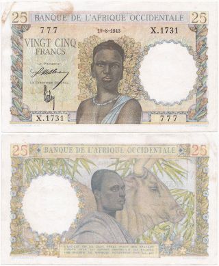 French West Africa,  25 Francs 1943,  17.  8.  1943,  Pick 38,  Xf photo