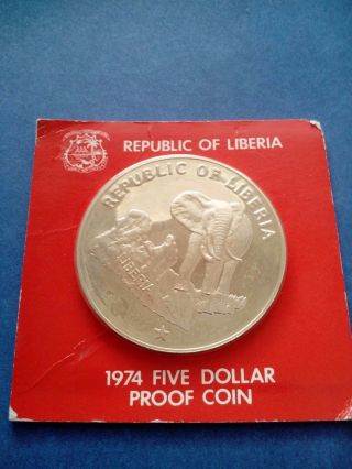 1974 Republic Of Liberia,  African Elephant $5 Five Dollars Silver Proof Coin photo