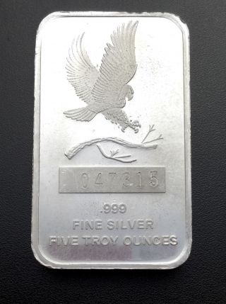 Silvertowne Eagle 5 Troy Oz.  999 Fine Silver Bar Numbered 047315 (br10) photo