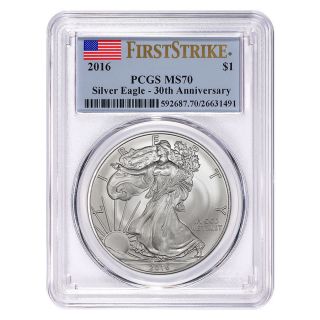 2016 Silver American Eagle Pcgs Ms 70 First Strike 30th Anniversary $9.  99 photo