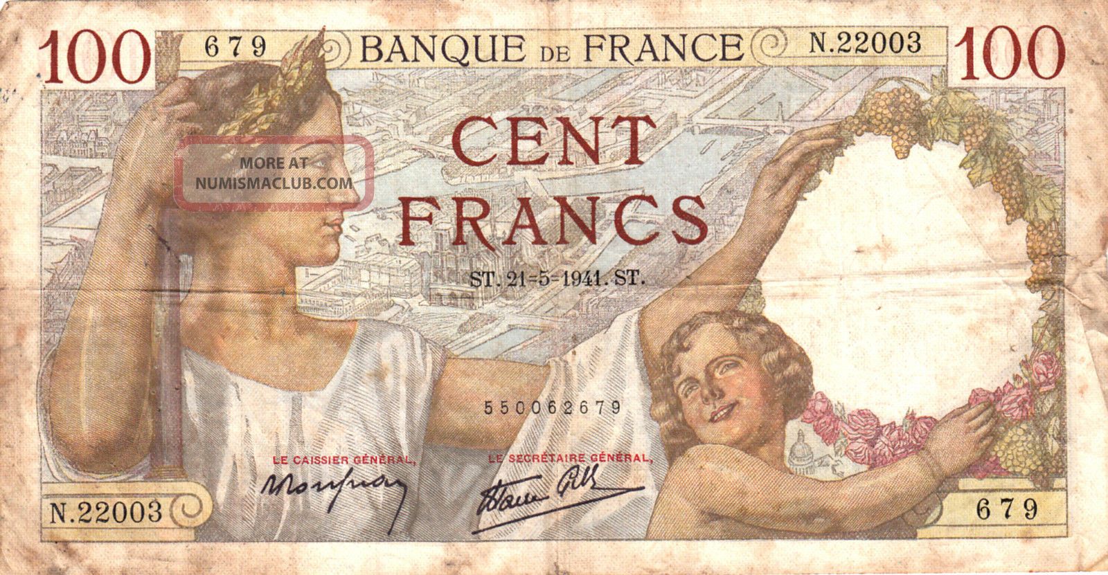 1941 France 100 Francs Note. Europe photo