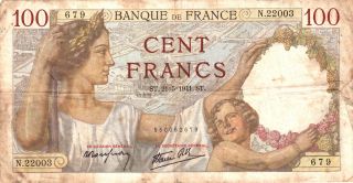 1941 France 100 Francs Note. photo