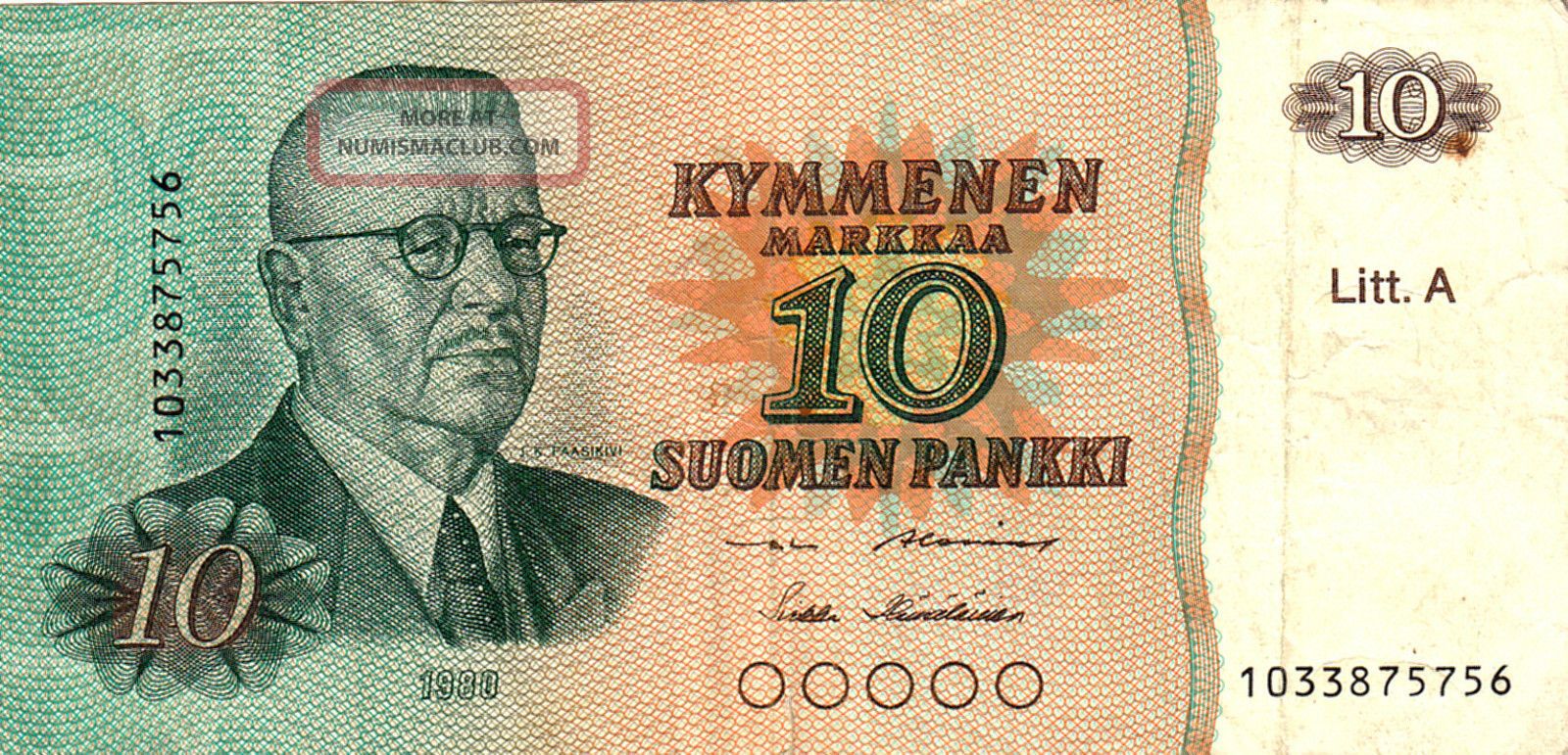 1980 Finland 10 Markkaa Note. Europe photo