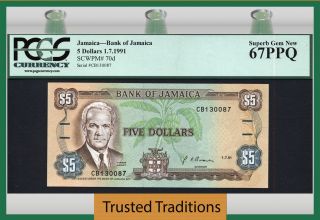 Tt Pk 70d 1991 Jamaica 5 Dollars Pcgs 67 Ppq Gem Top Population photo