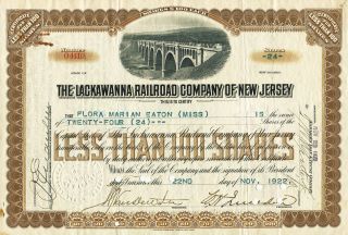 The Lackawanna Railroad Company Of N.  J.  - 24 Share Stock Certificate - Issued 1922 photo
