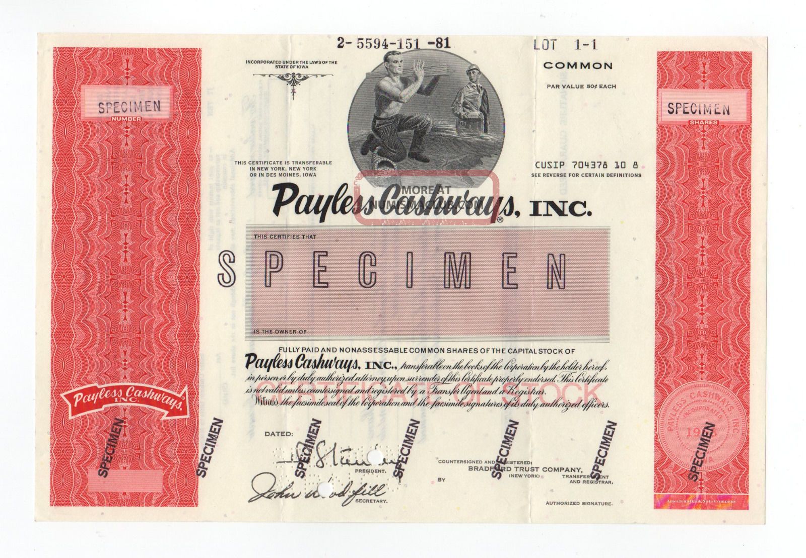 Specimen - Payless Cashways,  Inc.  Stock Certificate Stocks & Bonds, Scripophily photo