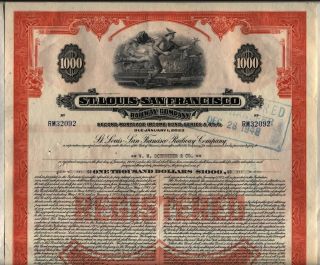 $1,  000 St.  Louis San Francisco Railway Bond Stock Certificate Frisco Railroad photo