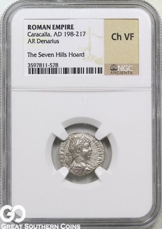 Roman Empire Ar Denarius,  Ad 198 - 217,  Caracalla,  The Seven Hills Hoard Ngc Ch Vf photo