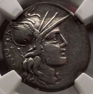 Roman Republic 120bc Ngc Certified F Ancient Silver Coin Of Rome Chariot I57434 photo