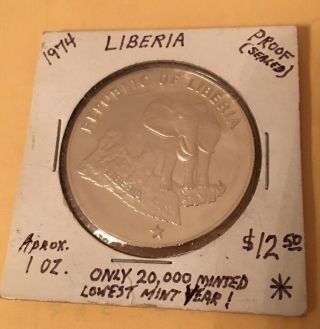1974 Liberia $5 Proof Silver Coin Elephant photo