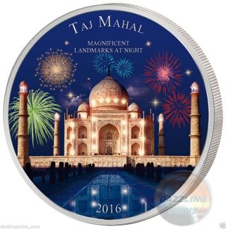 Taj Mahal - Landmarks At Night - 2 Oz Silver Coin 1500 Francs Cameroon 2016 photo