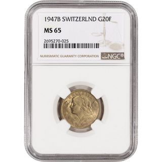 1947 B Switzerland Gold 20 Francs - Ngc Ms65 photo