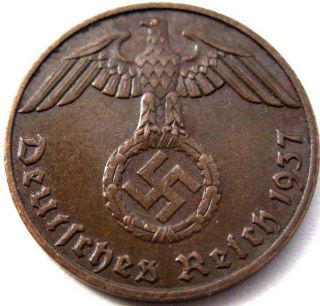 Ww2 German 1937 - E 1rp Reichspfennig 3rd Reich Bronze Nazi Coin photo