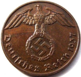 Ww2 German 1937 - F 1rp Reichspfennig 3rd Reich Bronze Nazi Coin photo