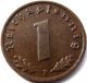 Ww2 German 1937 - F 1rp Reichspfennig 3rd Reich Bronze Nazi Coin Germany photo 1