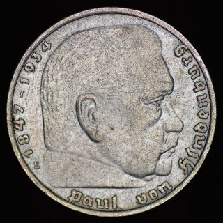 Ww2 German 5 Mark Silver Coin 1939 E Third Reich Big Swastika Hindenburg Nazi112 photo