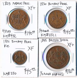 (1825 - 1845) Four Awesome India Coppers See The Hi - Res Images photo