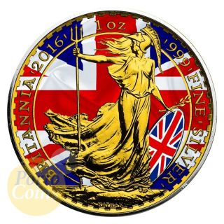 2016 1oz £2 Gbp Uk Flag Silver Patriotic Britannia Gold Gild Box & Brexit photo