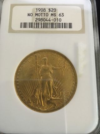 Us Gold $20 Saint - Gaudens Double Eagle - Ngc Ms63 - 1908 No Motto photo