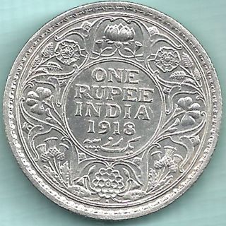 British India - 1918 - King George V Emperor - One Rupee - Rare Silver Coin photo