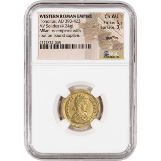 Ad 393 - 423 Western Roman Empire Av Solidus Ancient Gold Coin - Ngc Ch Au photo