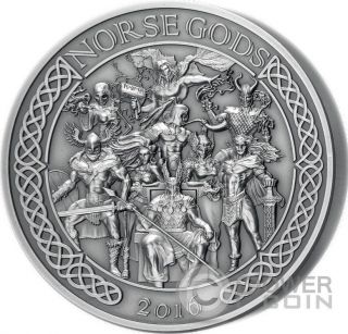 Norse Gods High Relief 5 Oz Silver Coin 25$ Cook Islands 2016 photo