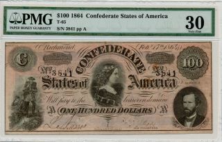 Confederate States Of Amercia Usa $100 1864 Pmg 30 photo