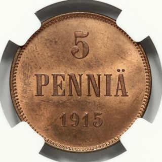 Finland Ngc Ms 64 Rb 5 Pennia 1915 Rare This photo