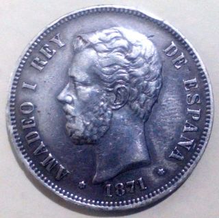 Silver 5 Pesetas 1871 Amadeo De Saboya photo