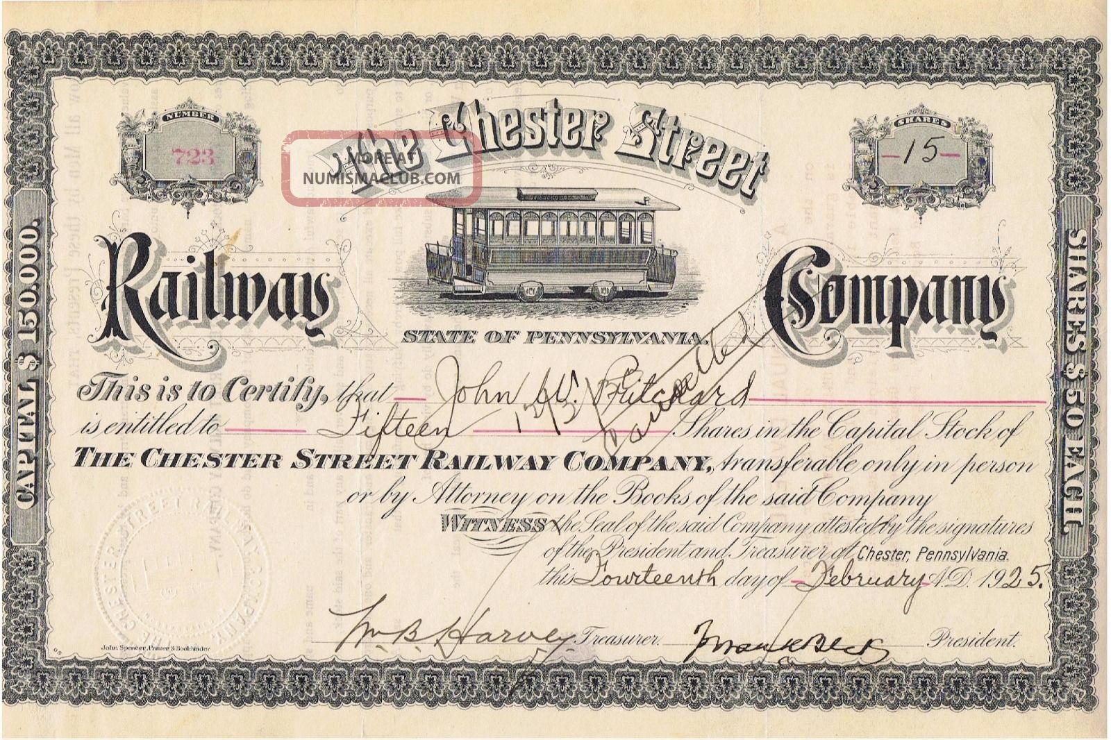 The Chester Street Railway Co Stock Certificate Chester,  Pa 1925 Transportation photo