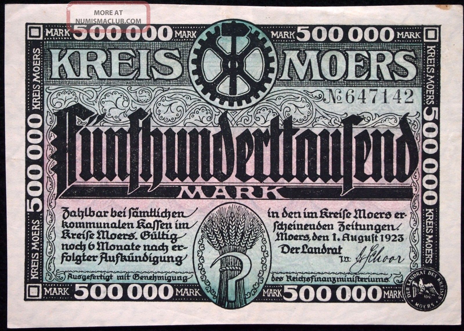 Moers 1923 500,  000 Mark Inflation Notgeld German Banknote Europe photo