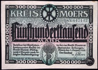Moers 1923 500,  000 Mark Inflation Notgeld German Banknote photo