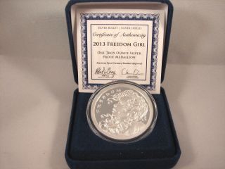 2013 1 Ounce Freedom Girl Silver Proof Sbss Silver Bullet Silver Shield Round photo