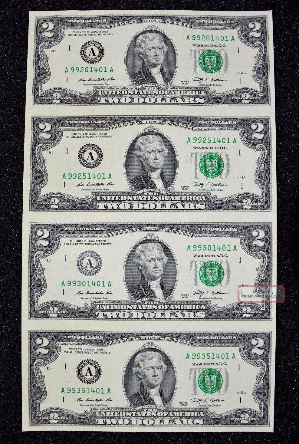 Uncut Sheet $2 Two Dollar Bills (x4) U.  S Uncut Currency Uncirculated 2009 Pm267 Small Size Notes photo
