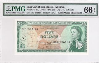 East Caribbean States (1965) 5 Dollars P14i Pmg 66 Gem Unc Epq photo