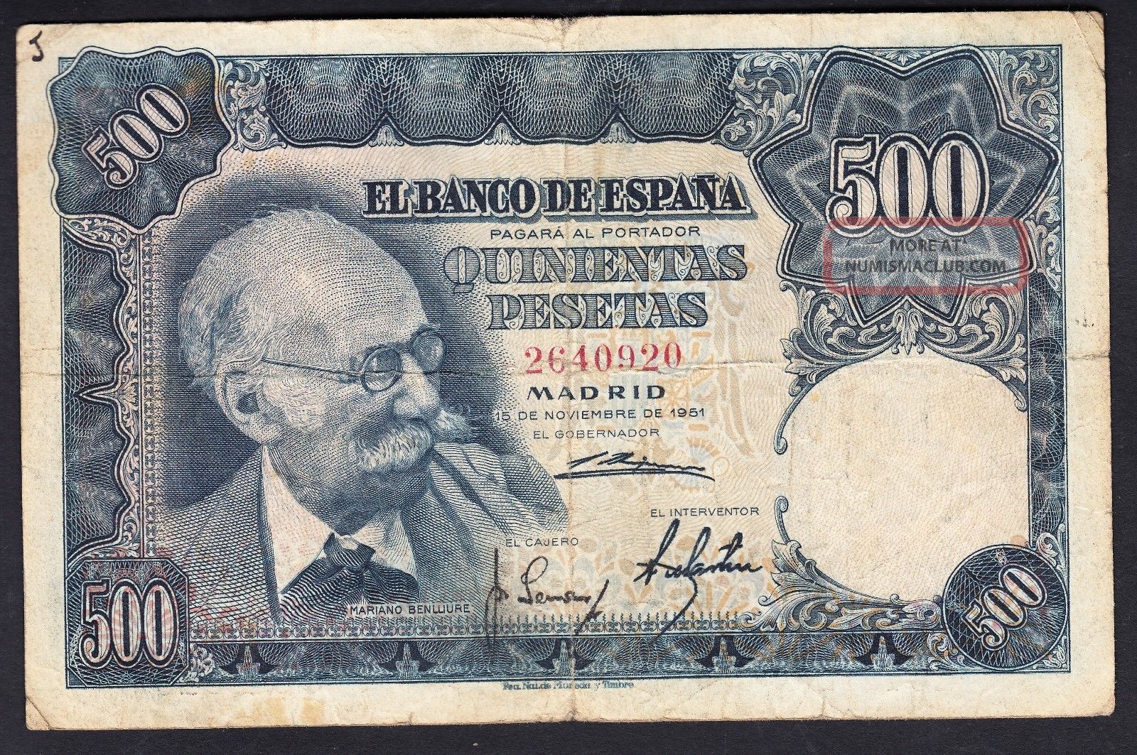 Spain 500 Pesetas 15 - 11 - 1951 G - Vg P.  142,  Banknote,  Circulated Europe photo