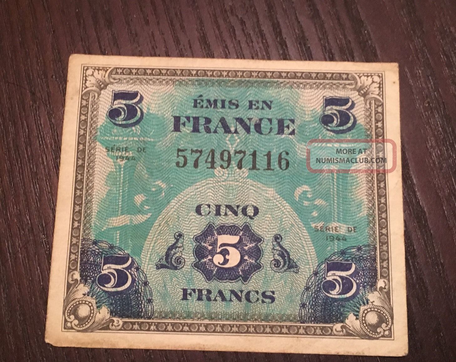 France Allied Miltary Currency 1944 5 Francs Cinq Francs Flag Ww2 Europe photo