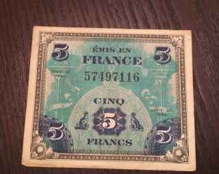 France Allied Miltary Currency 1944 5 Francs Cinq Francs Flag Ww2 photo