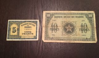 1943 Morocco Banque D ' Etat Du Maroc 5 Francs & 10 Francs photo
