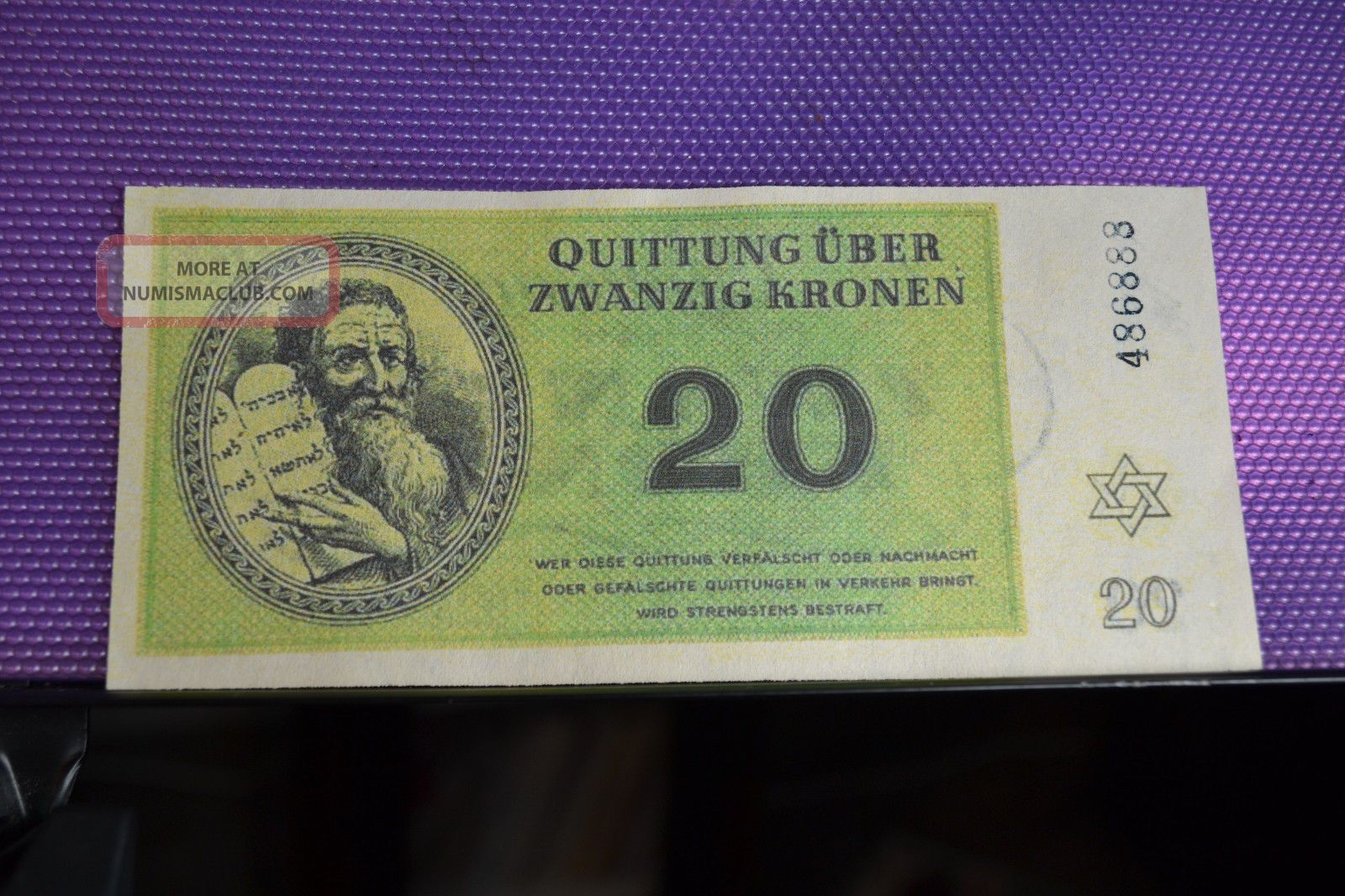 Theresienstadt Ww2 20 Kronen Note Watermarked/ Textured Paper,  Black Lt Shown Europe photo