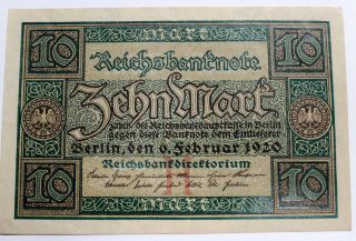 1920 Authentic German 10 Mark Note,  Berlin Almost Uncirculated Germany Old photo