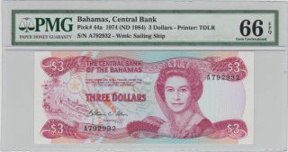 Bahamas 3 Dollars 1974 P 44a Unc Pmg 66 Epq photo
