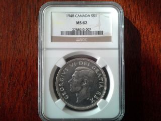 Canada 1948 $1 Silver Dollar Ngc Graded Ms 62 photo