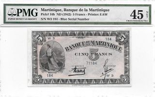Martinique Nd (1942) 5 Francs Banknote W/blue Serial Graded Pmg 45 Choice Xf photo