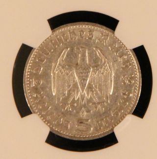Ngc Au - 53 1935 - D Five Reichsmark Nazi Hindenburg Silver Coin 5 Marks.  900 Pure photo