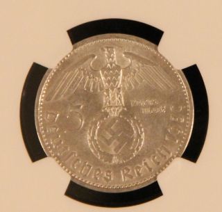 Ngc Au55 1939 - B Nazi Germany 5 Reichsmark Silver Coin Large Swastika Third Reich photo