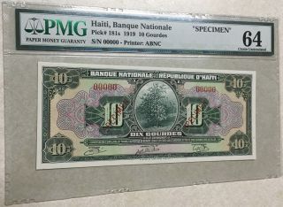 Haiti 10 Gourdes Banknote P - 181s Specimen,  Signature 1 Variety,  Pmg Choice Unc64 photo