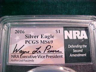 Nra Label - 2016 American Silver Eagle - Pcgs Ms69 - Defending The 2nd Amendment - Fr/sh photo